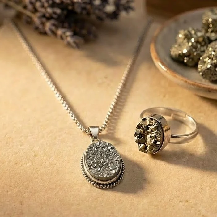 Dhanam Pyrite Combo: Raw Stone Ring & Manifestation Pendant - Image 2