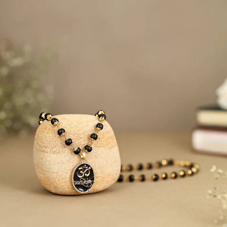 Karungali Malai with Gold-Plated Caps & Om Namah Shivaya Pendant