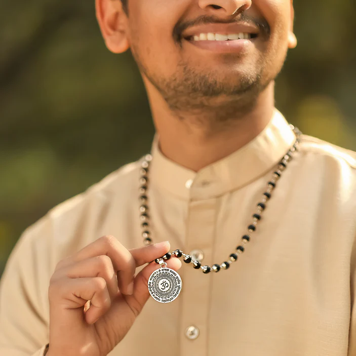 Karungali Malai with Silver-Plated Caps & Oxidized Om Pendant - Image 3