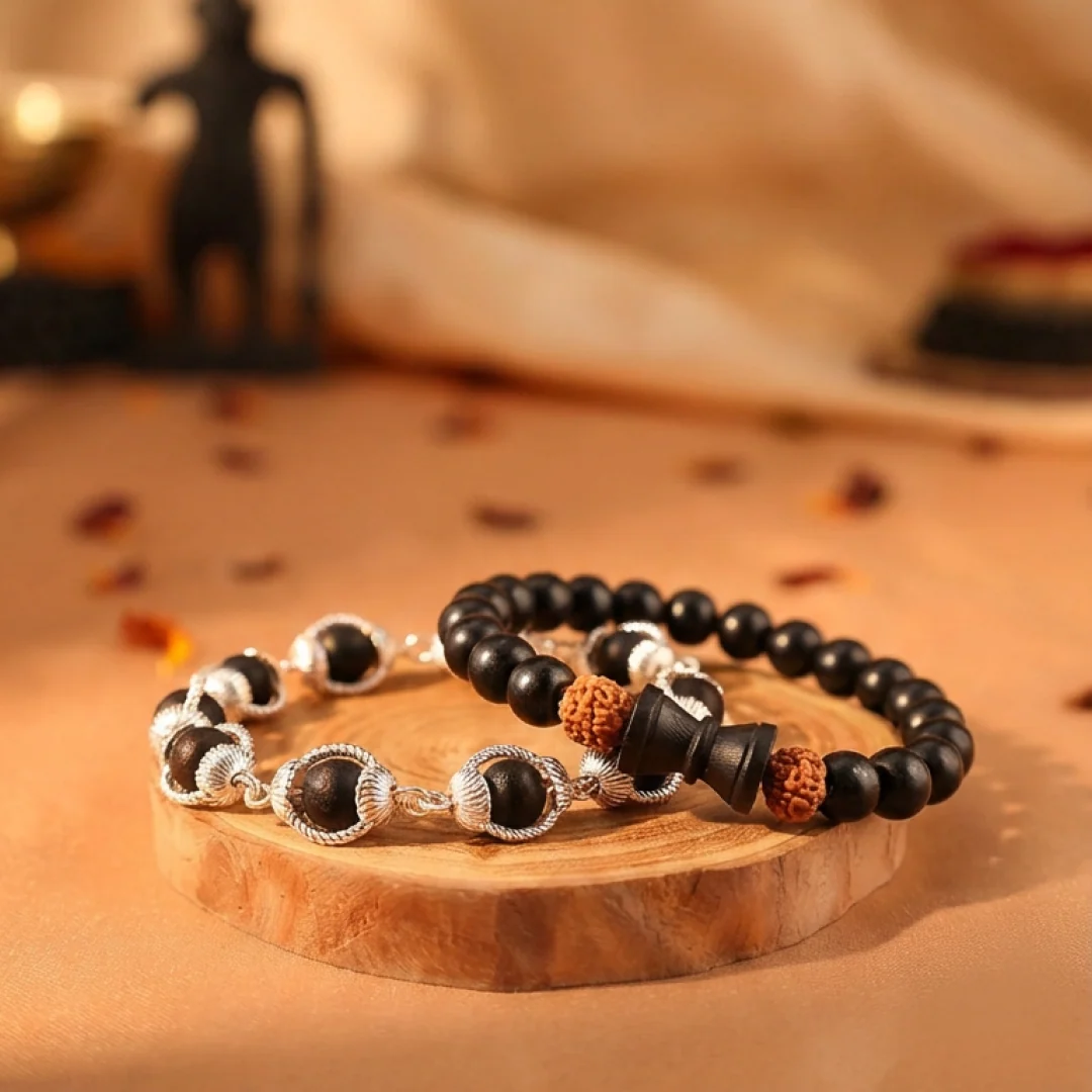 Karungali Silver Cap Bracelet & Rudraksha Damru Combo (Govt. Certified) - Image 2