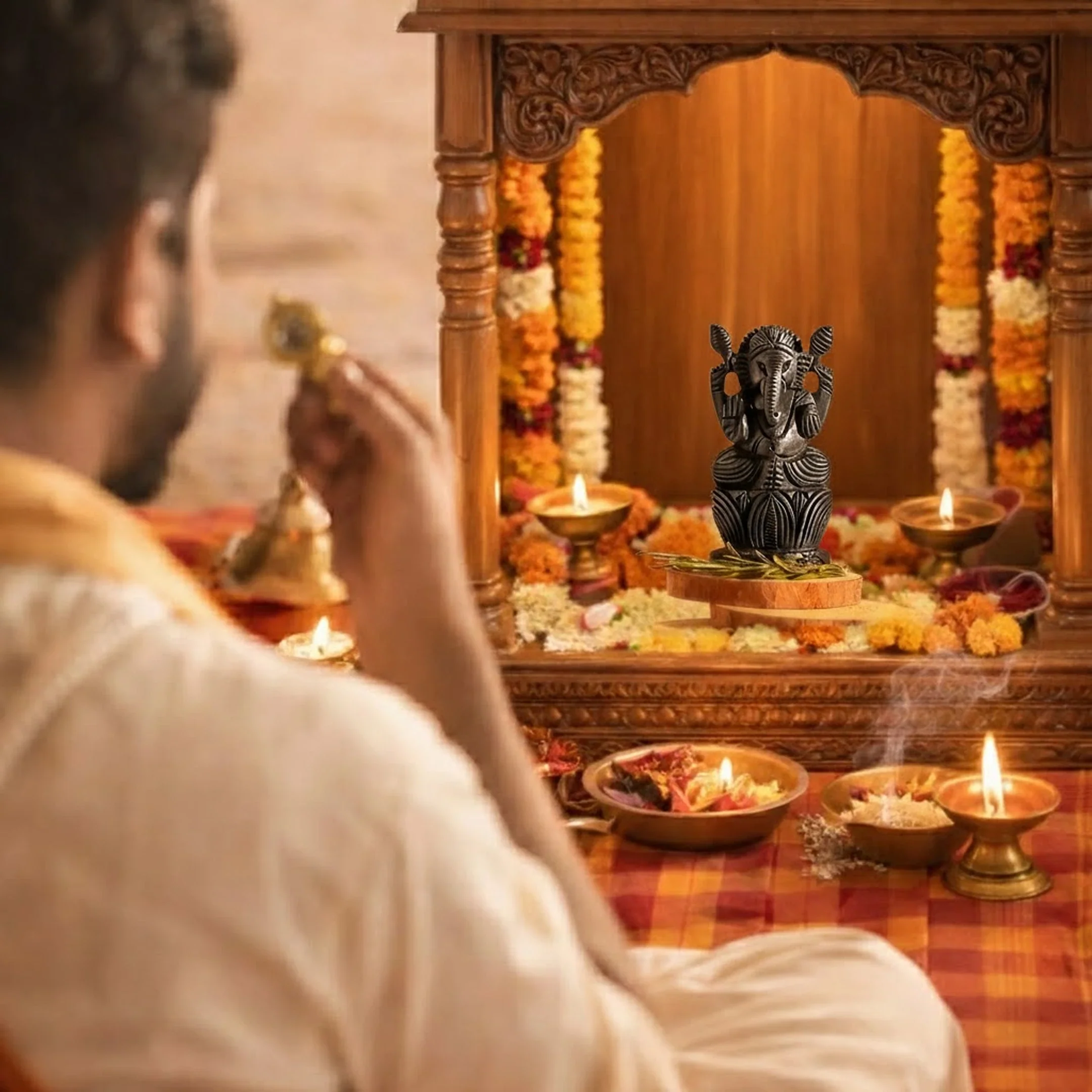 Divine Hindu Lord Ganesh Karungali Idol with Lotus Base– Ebony Wood - Image 5