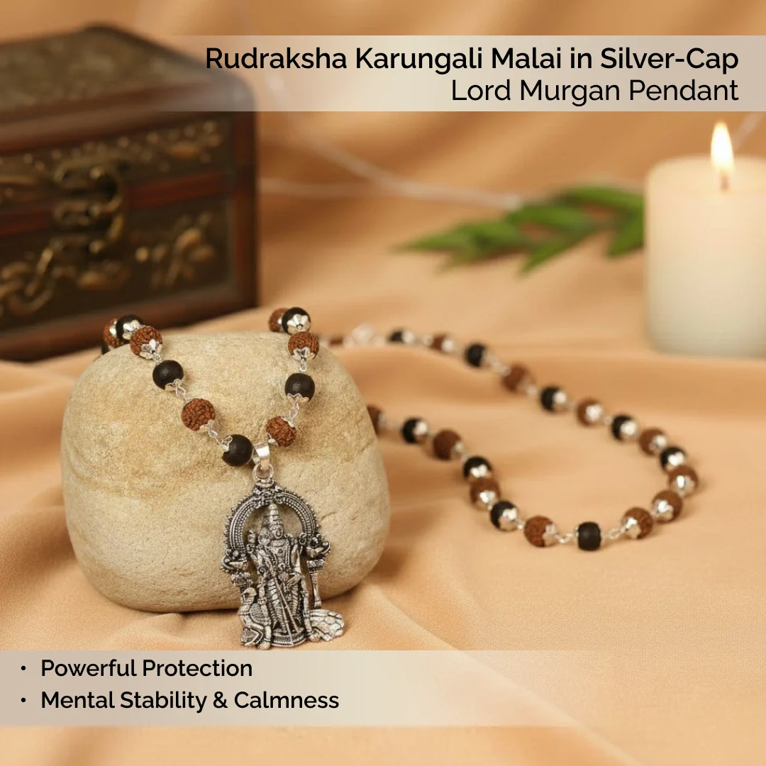Rudraksha Karungali Malai in Silver-Cap with Lord Murugan Pendant - Image 2